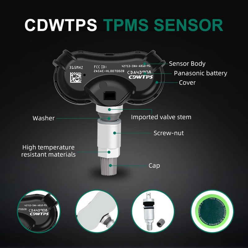 CDWTPS TPMS Sensor-315MHZ Tire Pressure Monitoring System for Honda&Acura-CSX, Civic,CR-Z,Element,Fit,Insight,Odyssey,Odyssey Touring Replace#42753SNAA81.42753SNAA83.42753TR3A81(Set of 4) - Image 4